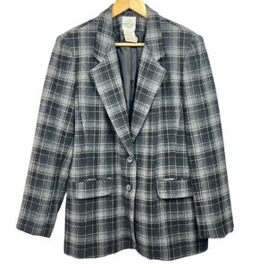 Vintage TR Bentley Blazer Womens 14 Wool Blend Black Gray Plaid Jacket 80s